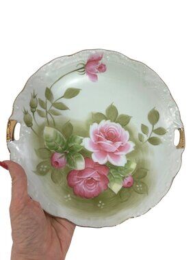 Lefton Serving Plate Round Pink Roses Heritage Green 9” Collectible Vtg Floral